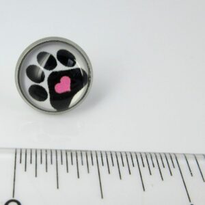 Summerfield Collection Stainless Steel Black and White Paw Print Pink Heart Glass Stud Earrings 12mm