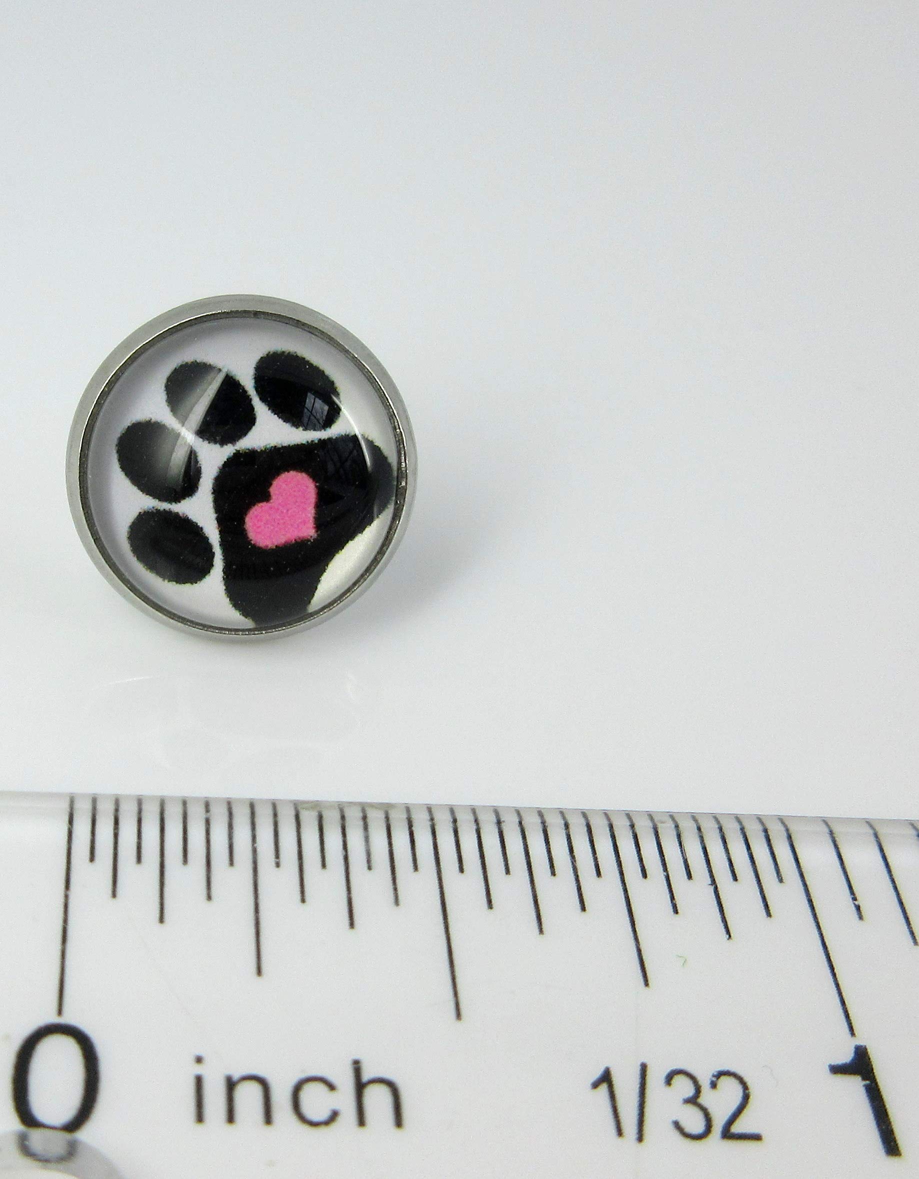 Summerfield Collection Stainless Steel Black and White Paw Print Pink Heart Glass Stud Earrings 12mm