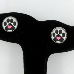 Summerfield Collection Stainless Steel Black and White Paw Print Pink Heart Glass Stud Earrings 12mm