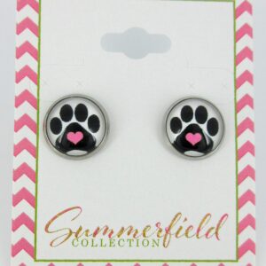 Summerfield Collection Stainless Steel Black and White Paw Print Pink Heart Glass Stud Earrings 12mm