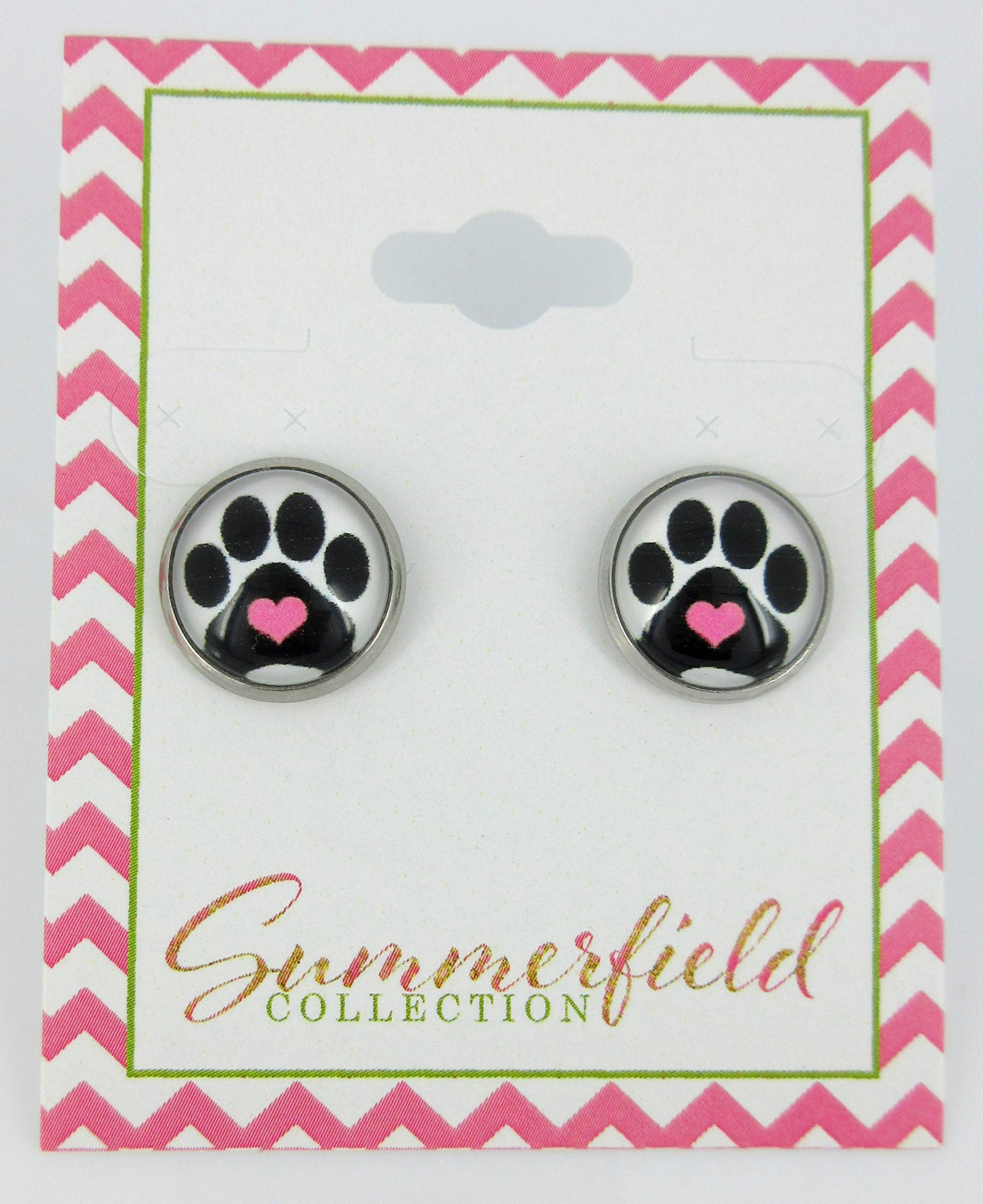 Summerfield Collection Stainless Steel Black and White Paw Print Pink Heart Glass Stud Earrings 12mm