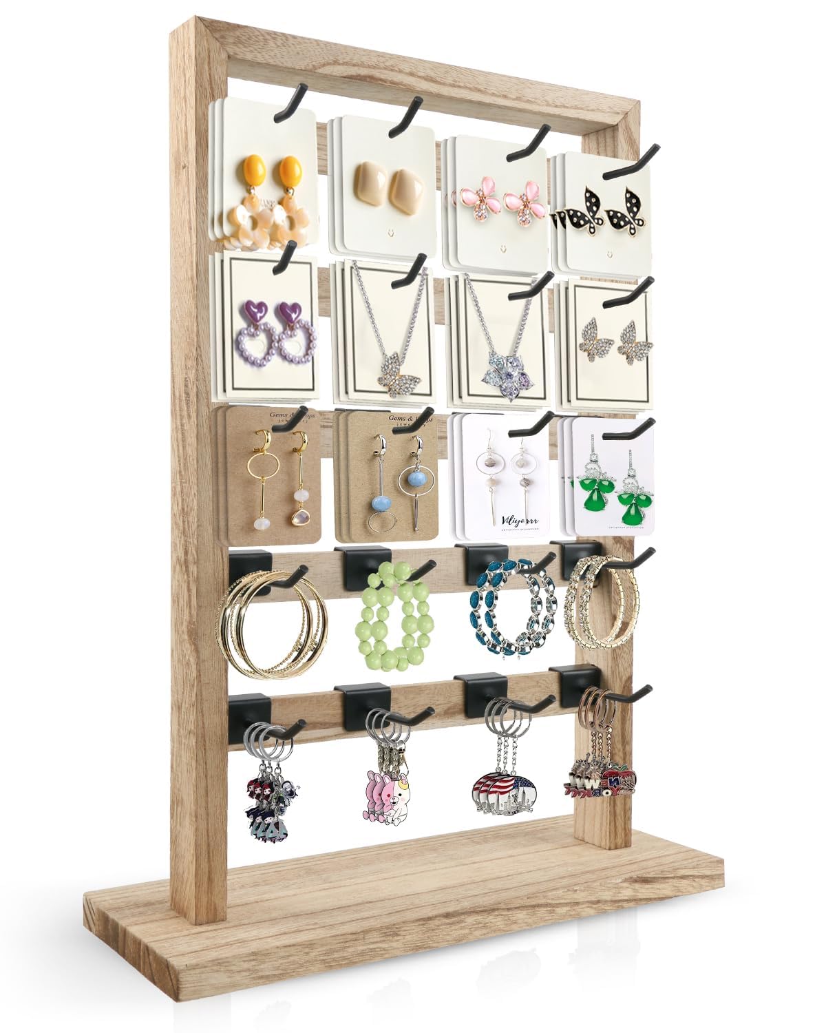 Fumingpal Earring Display Stands for Selling, Wooden Jewelry Display Rack with 20 Removable Hooks, 5-Tier Jewelry Organizer for Earring Cards, Necklaces, Bracelets, Keychains(Oak Color)