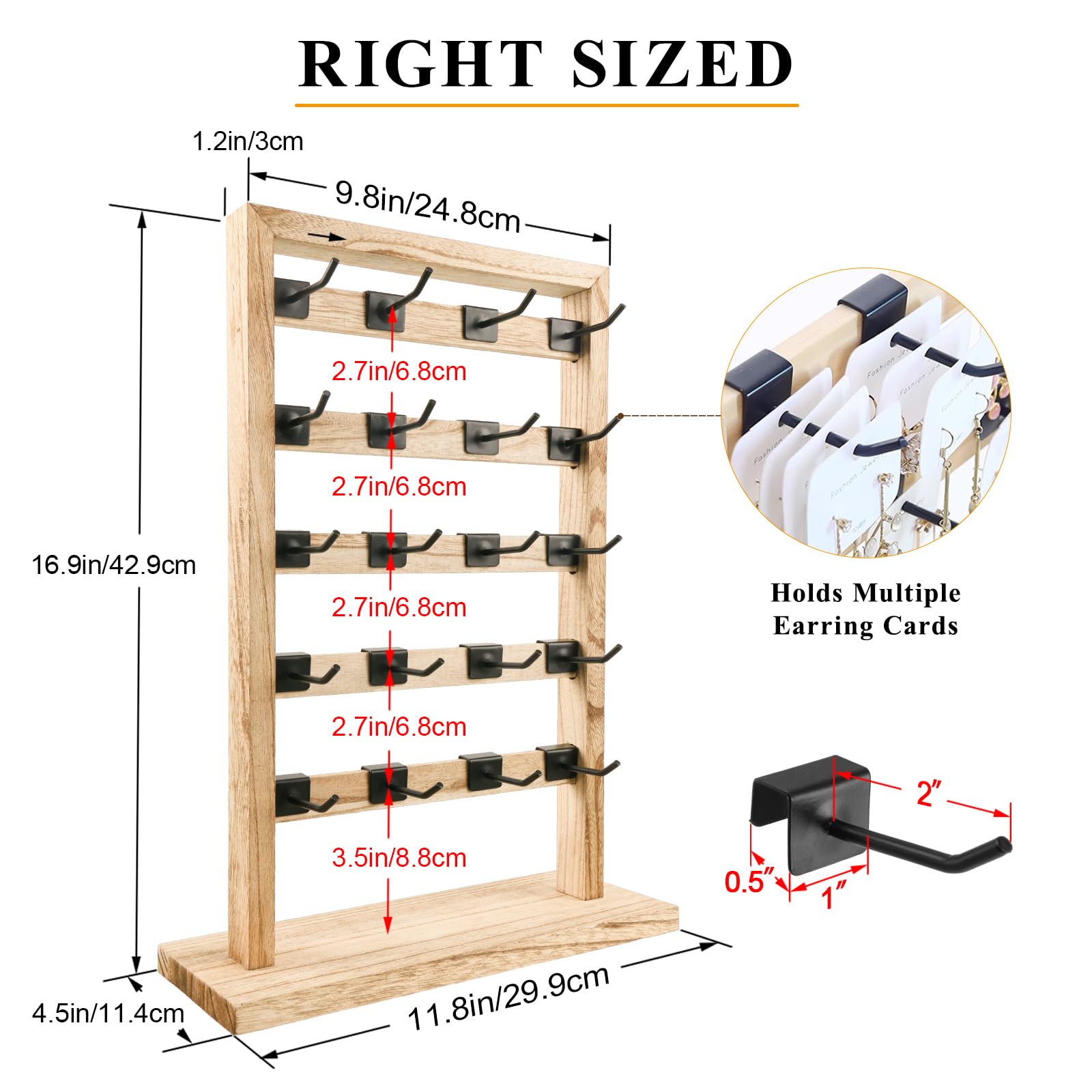 Fumingpal Earring Display Stands for Selling, Wooden Jewelry Display Rack with 20 Removable Hooks, 5-Tier Jewelry Organizer for Earring Cards, Necklaces, Bracelets, Keychains(Oak Color)