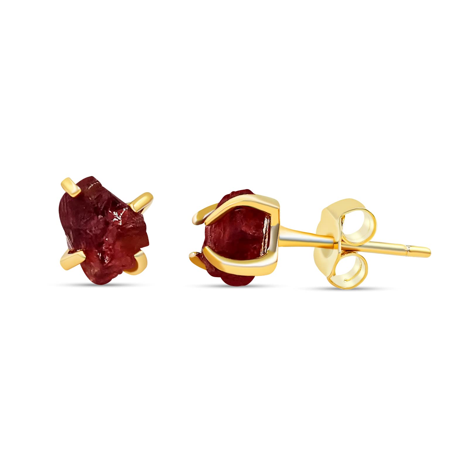 raw natural garnet stud earring with 925 sterling silver 14k yellow gold plated prong setting, uniquelan jewelry