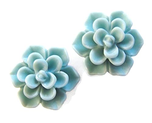 Titanium Succulent Earrings Hypoallergenic Cadmium & Nickel Free Posts - 3D Plastic 13mm Handmade Stud Earrings for Sensitive Ears (Matte Aqua Blue)