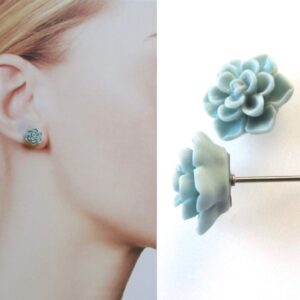 Titanium Succulent Earrings Hypoallergenic Cadmium & Nickel Free Posts - 3D Plastic 13mm Handmade Stud Earrings for Sensitive Ears (Matte Aqua Blue)