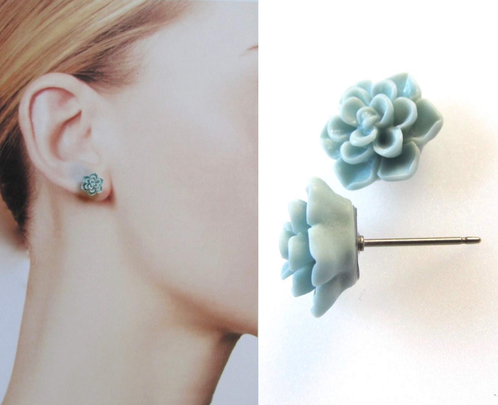 Titanium Succulent Earrings Hypoallergenic Cadmium & Nickel Free Posts - 3D Plastic 13mm Handmade Stud Earrings for Sensitive Ears (Matte Aqua Blue)