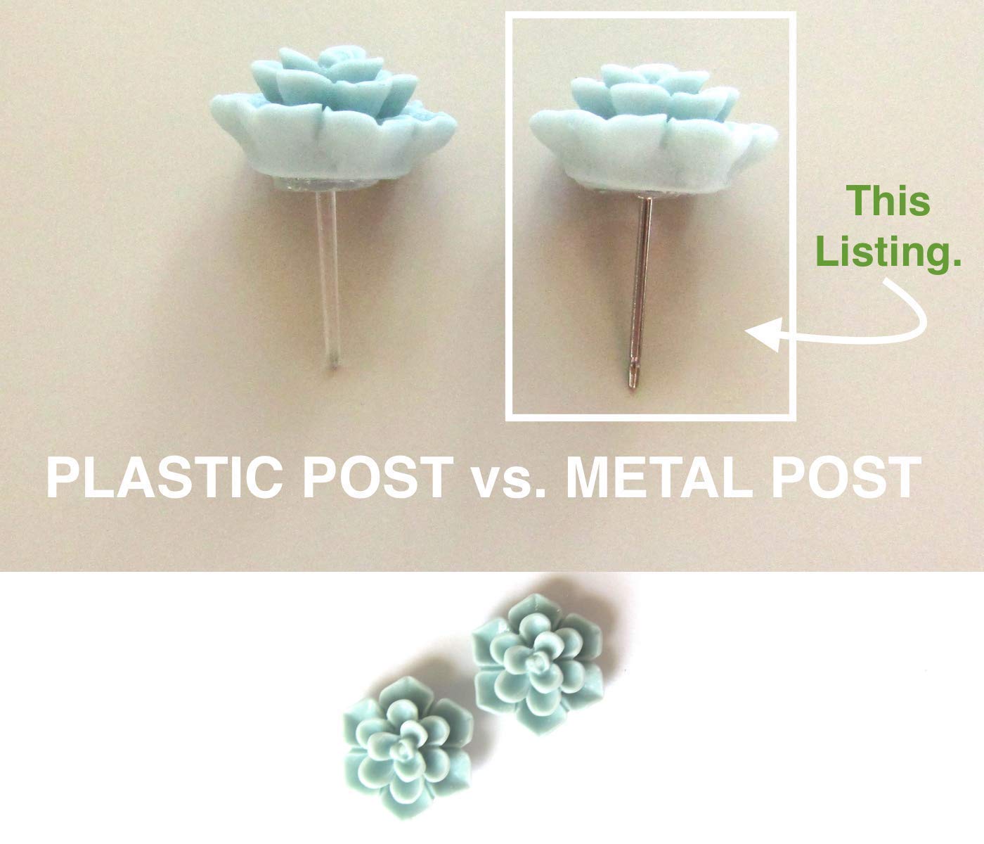 Titanium Succulent Earrings Hypoallergenic Cadmium & Nickel Free Posts - 3D Plastic 13mm Handmade Stud Earrings for Sensitive Ears (Matte Aqua Blue)