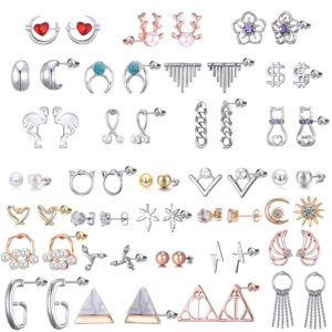 32 pairs assorted stainless steel stud earrings for -s women women-cute animal faux pearl cat elephant sun moon star cz twise heart geometric pattern small statement bar stud earring set (#5)