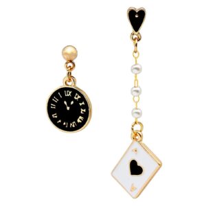 MALOYANVE Asymmetric Clock Poker Dangle Earrings Creative Playing Cards Red Hearts A Long Pentagram Alarm Clock Drop Earrings for Women Birthday Gambling Casino Jewelry Gifts (Black)