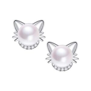 Sterling Silver Cat Earrings Freshwater Pearl Stud Earrings for Women