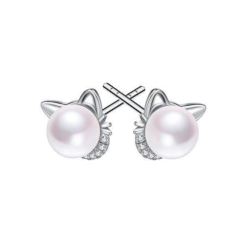 Sterling Silver Cat Earrings Freshwater Pearl Stud Earrings for Women