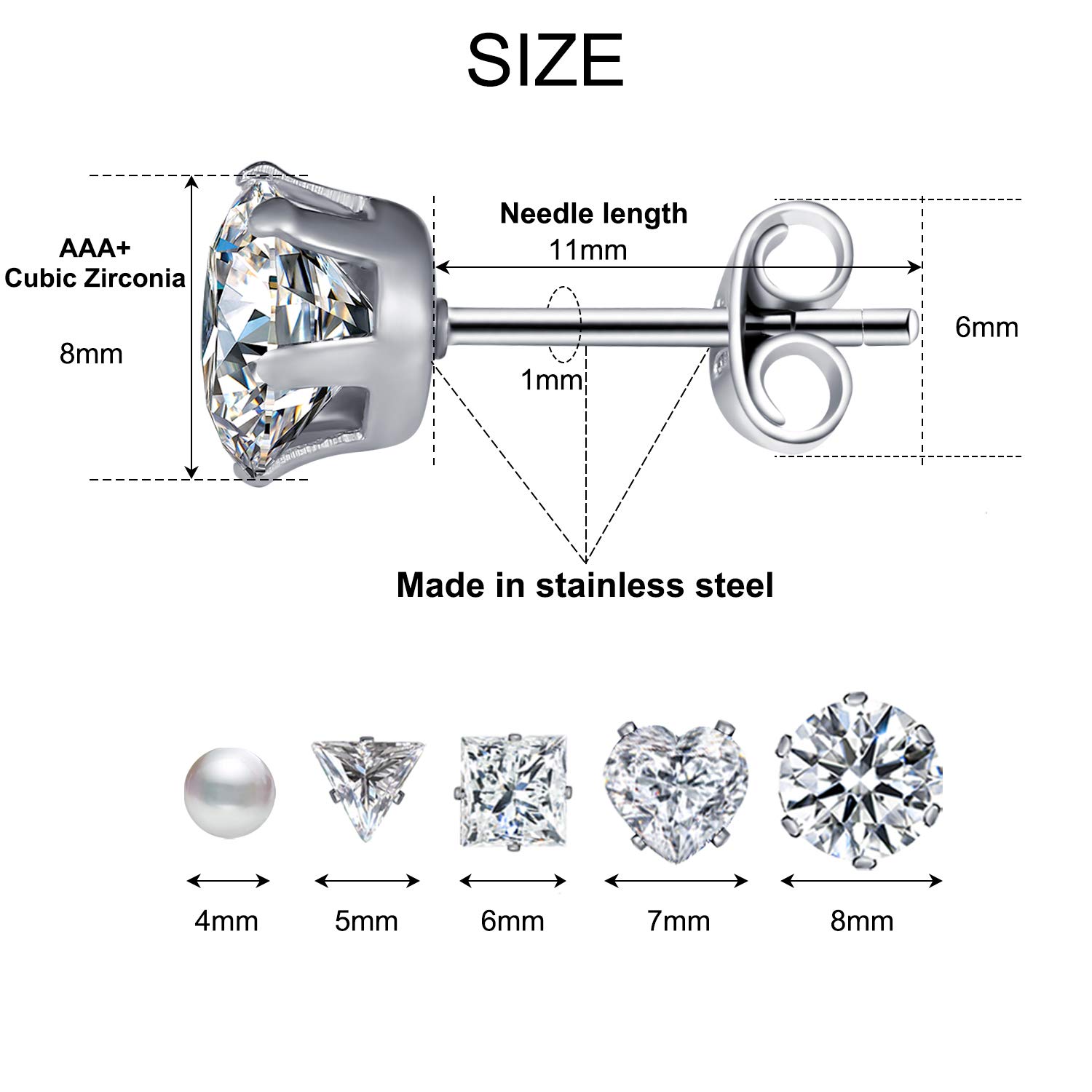 Stainless Steel Stud Earrings for Women 25-50 Pairs Mens Surgical Steel Earrings Hypoallergenic Cubic Zirconia Earring 4-8 mm (Silver)