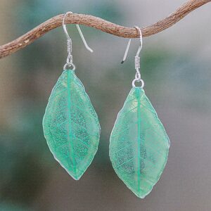 NOVICA Artisan Handmade Natural Leaf Dangle Earrings Jade from Thailand Sterling Silver No Stone Nature Tree [2.2 in L x 0.8 in W] ' Stunning Nature in Jade'