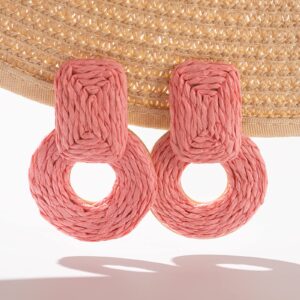 Statement Raffia Earrings Cute Boho Earrings Rattan Dangle Earrings Handmade Straw Wrap Earrings Summer Drop Dangling Earrings for Women(Coral)