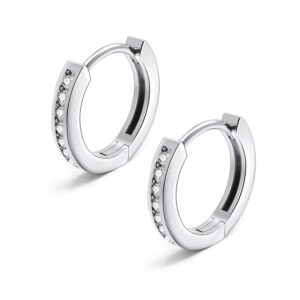 Small Huggie Hoop Earrings for Women 10mm-14K White Gold Plated Cubic Zirconia Cuff Hoop Earrings 925 Sterling Silver Post Hypoallergenic Cartilage Earring for Women(Silver)