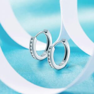 Small Huggie Hoop Earrings for Women 10mm-14K White Gold Plated Cubic Zirconia Cuff Hoop Earrings 925 Sterling Silver Post Hypoallergenic Cartilage Earring for Women(Silver)