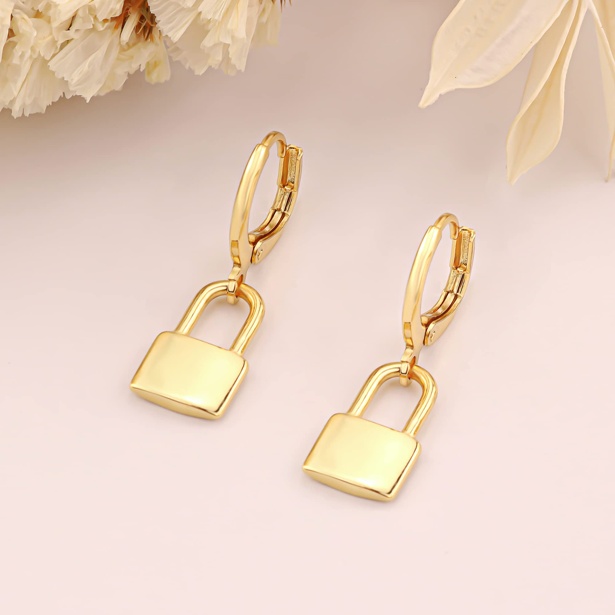 SANNYRA Lock Earrings for Women - 14K Gold Plated Earrings - Hoop Dangle Earrings Jewelry - Gold Huggie Hoop Earrings for Women