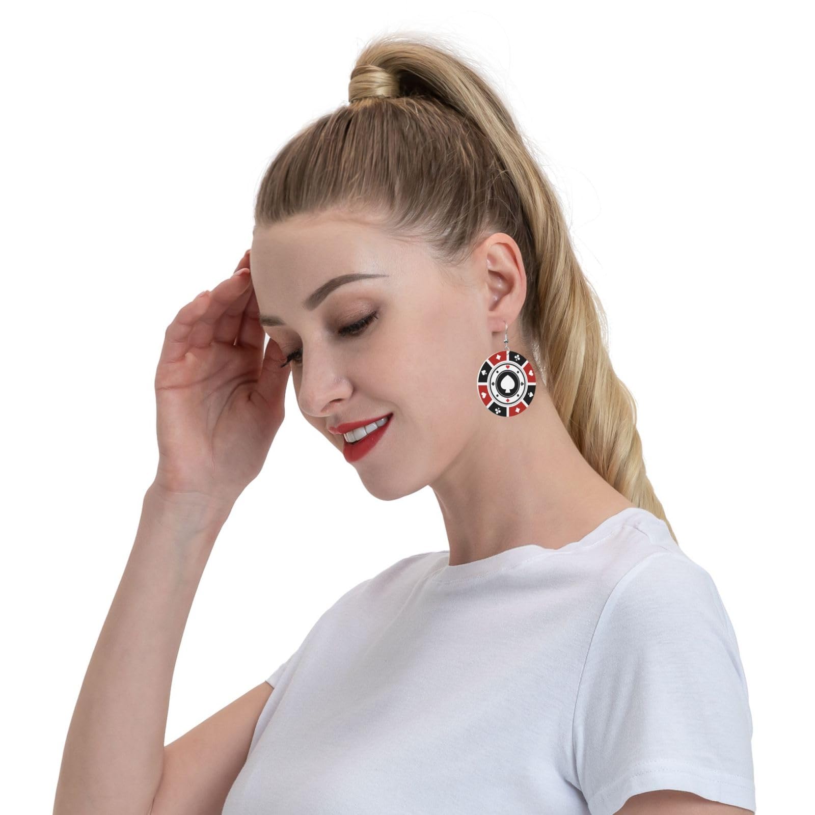 Funny Poker Card Faux Leather Earrings For Women Lightweight Round Dangle Earrings Gift