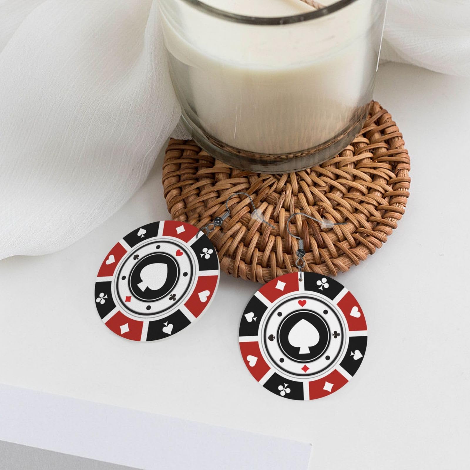 Funny Poker Card Faux Leather Earrings For Women Lightweight Round Dangle Earrings Gift