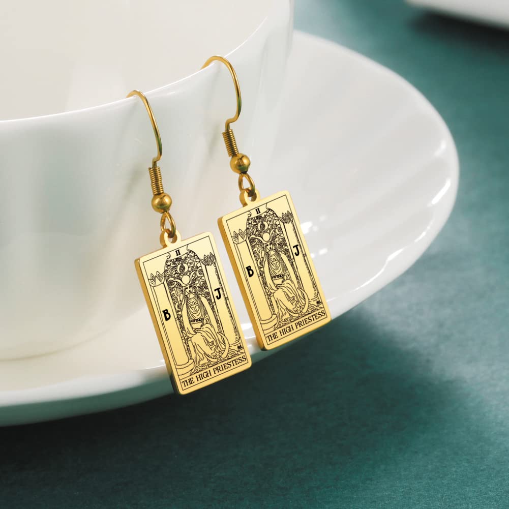 TEAMER Tarot Cards Dangle Earrings Stainless Steel Vintage Amulet Wiccan Jewelry for Women (Gold-THE HIGH PRIESTESS)