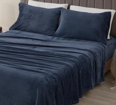 Great Bay Home Extra Soft Velvet Plush Queen Micro Fleece Sheet Set | Deluxe Microplush Non Pilling Sheets, Deep Pocket | Lavish Sherpa Velvet Luxe Collection (Queen, Navy)