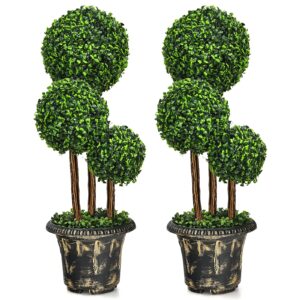 goplus 3 ft artificial boxwood topiary tree, 2 pack fake greenery plants triple ball tree, leaves & cement-filled plastic flower pot decorative trees for home, office, indoor and outdoor use