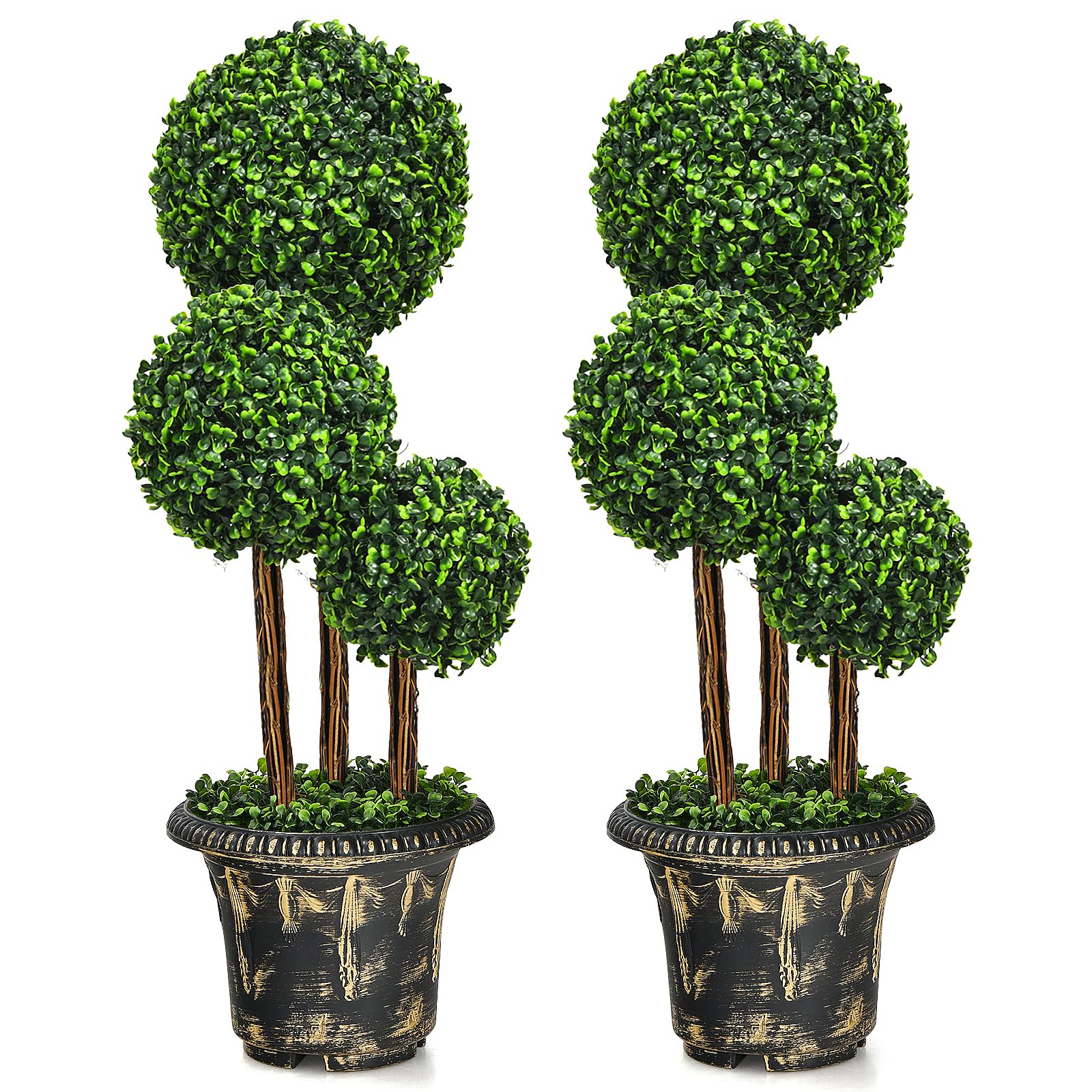 Goplus 3 Ft Artificial Boxwood Topiary Tree, 2 Pack Fake Greenery Plants Triple Ball Tree, Leaves & Cement-Filled Plastic Flower Pot Decorative Trees for Home, Office, Indoor and Outdoor Use