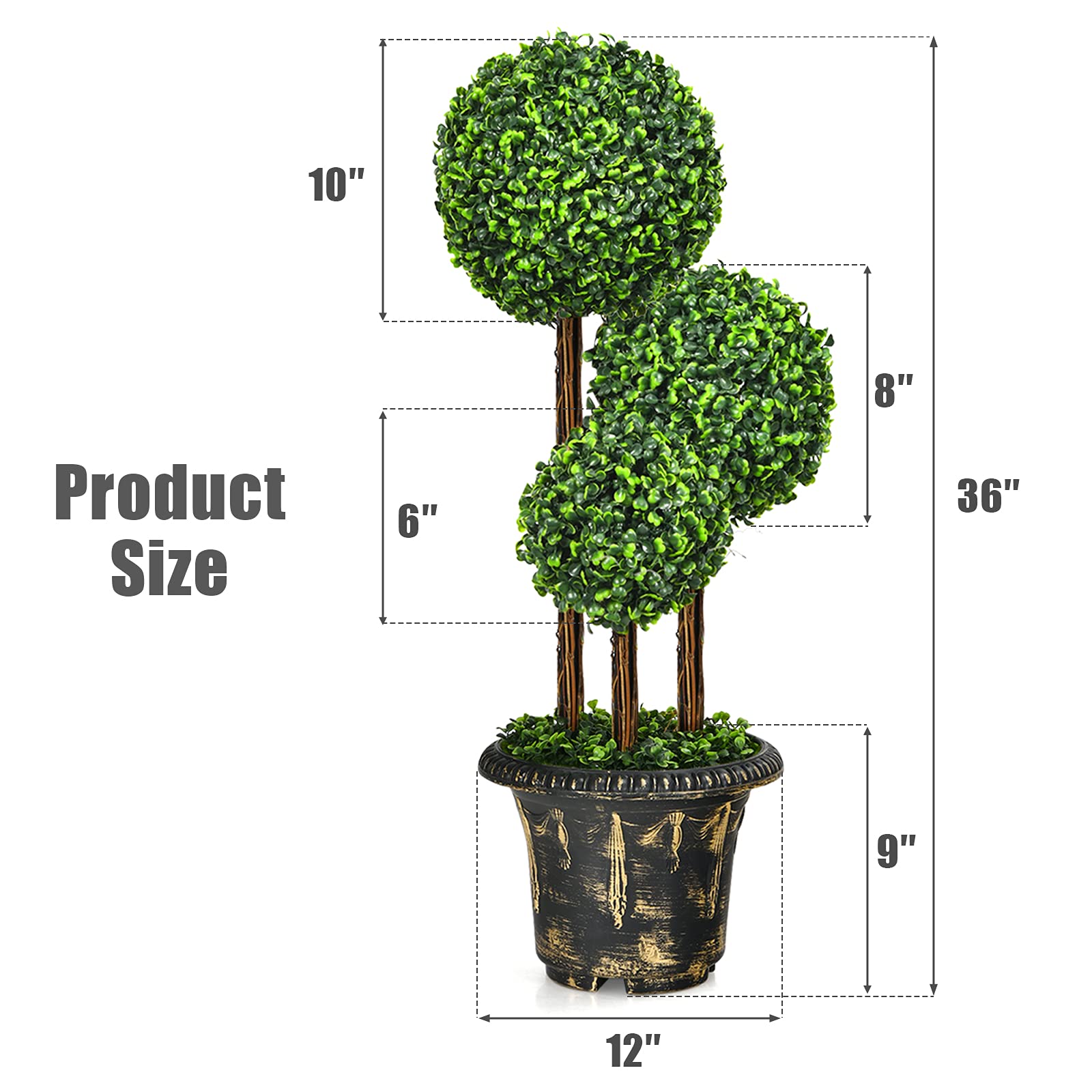 Goplus 3 Ft Artificial Boxwood Topiary Tree, 2 Pack Fake Greenery Plants Triple Ball Tree, Leaves & Cement-Filled Plastic Flower Pot Decorative Trees for Home, Office, Indoor and Outdoor Use