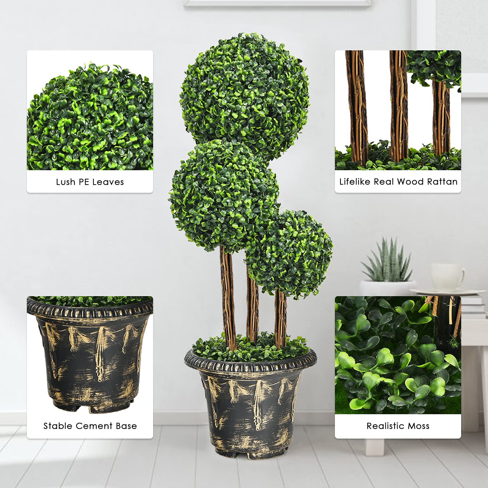 Goplus 3 Ft Artificial Boxwood Topiary Tree, 2 Pack Fake Greenery Plants Triple Ball Tree, Leaves & Cement-Filled Plastic Flower Pot Decorative Trees for Home, Office, Indoor and Outdoor Use