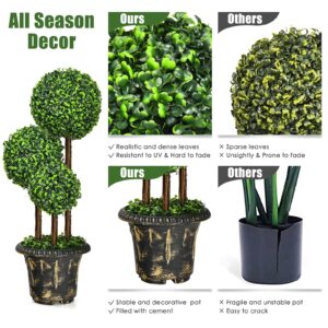 Goplus 3 Ft Artificial Boxwood Topiary Tree, 2 Pack Fake Greenery Plants Triple Ball Tree, Leaves & Cement-Filled Plastic Flower Pot Decorative Trees for Home, Office, Indoor and Outdoor Use