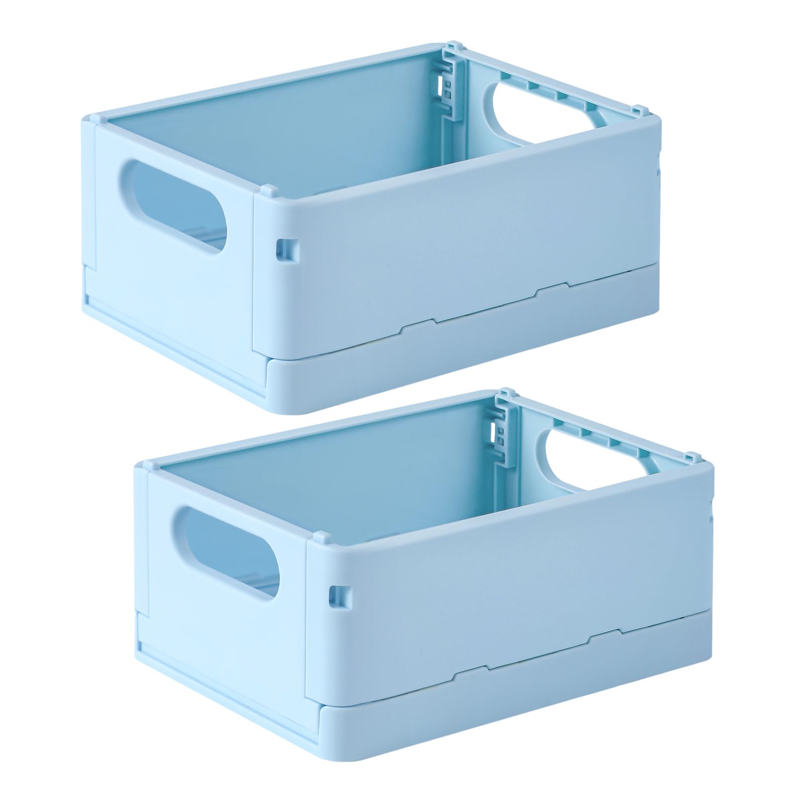 TRZZ 2-Pack Mini Pastel Crates Organizer Collapsible Plastic Storage Basket Small Crate Storage, Stackable Cute Bins for Office & Home Bedroom, Bathroom and Kitchen Storage Decor, Blue (6.5"4.8"2.9")