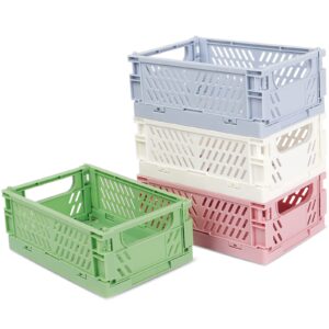 Reavor Pastel Crates, 4-Pack Mini Plastic Baskets Stackable, Small Foldable Cute Drawer Organizer for Office Desk Drawer Organizing Adorable