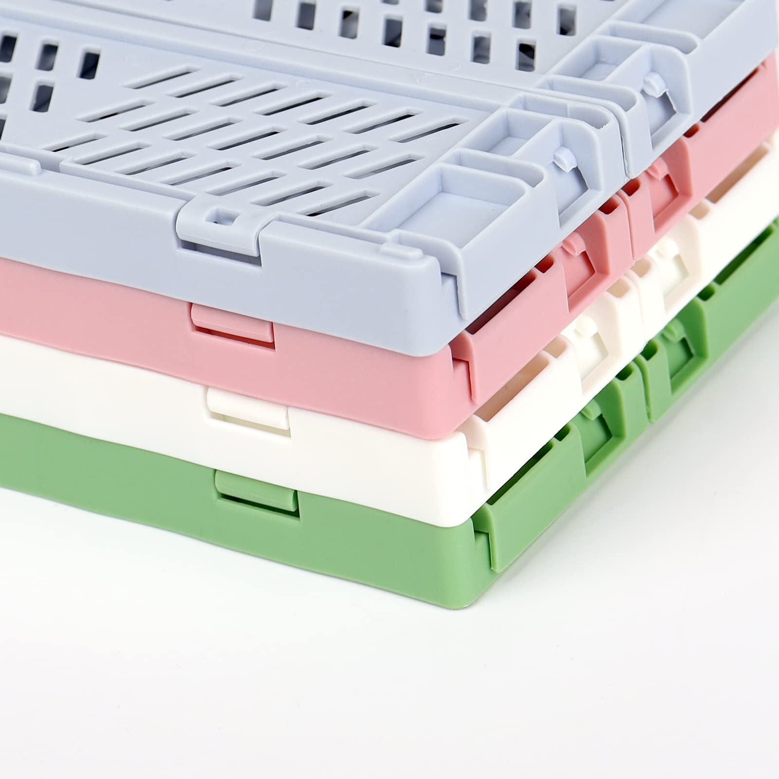 Reavor Pastel Crates, 4-Pack Mini Plastic Baskets Stackable, Small Foldable Cute Drawer Organizer for Office Desk Drawer Organizing Adorable