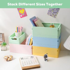 TRZZ 4-Pack Pastel Crates for Desk Organizers, Collapsible Plastic Storage Basket for Office Organization, Stackable Crates for Home Bedroom, Bathroom and Kitchen Storage Decor. (9.8" 6.5" 3.9")