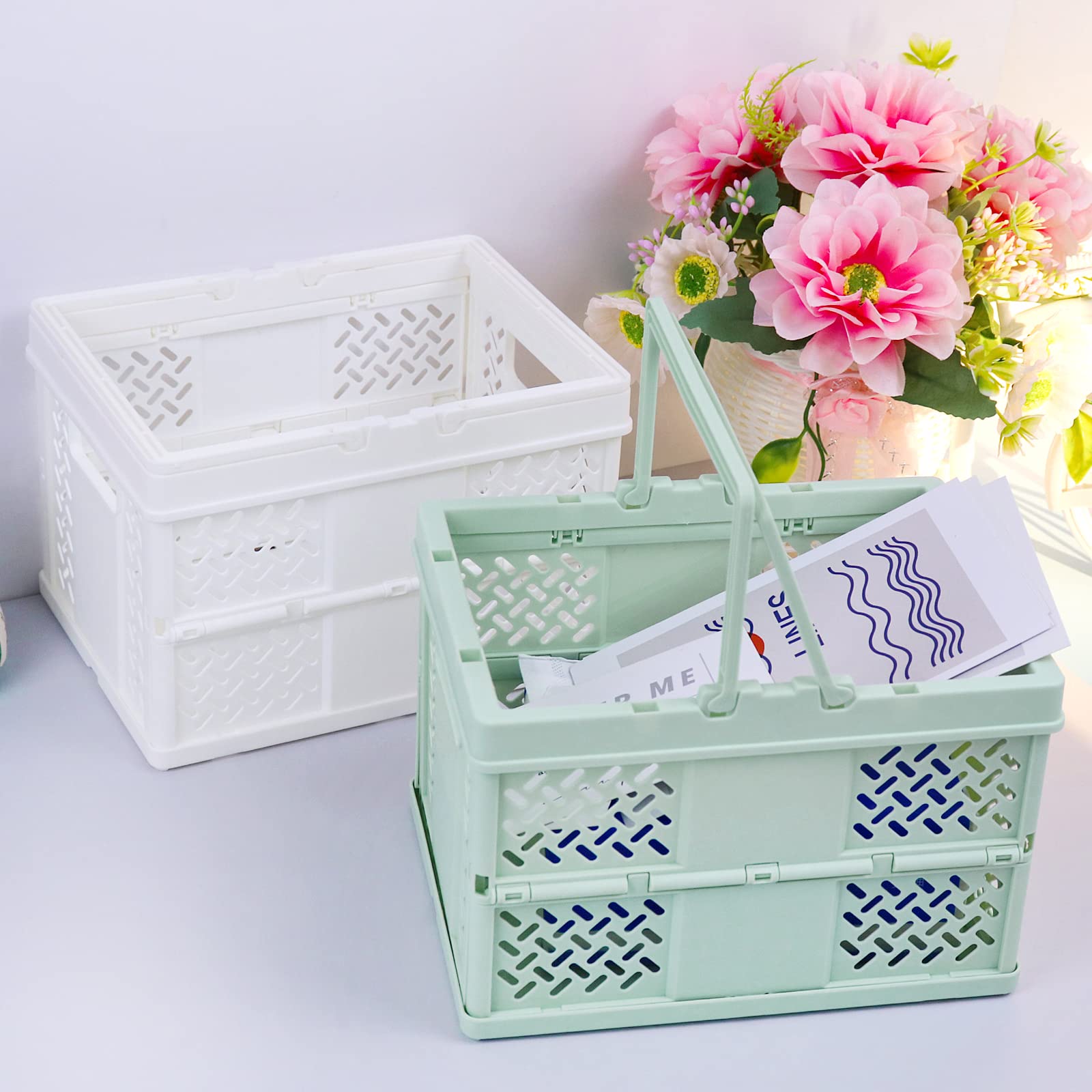 Klyuqoz Pastel Crates for Storage, Cute Crates Pack of 2, Collapsible Crate, Shopping Basket with Handle, Folding for Home Kitchen Office. Size (7.5 x 5.3 x 4.9 in), Green, White