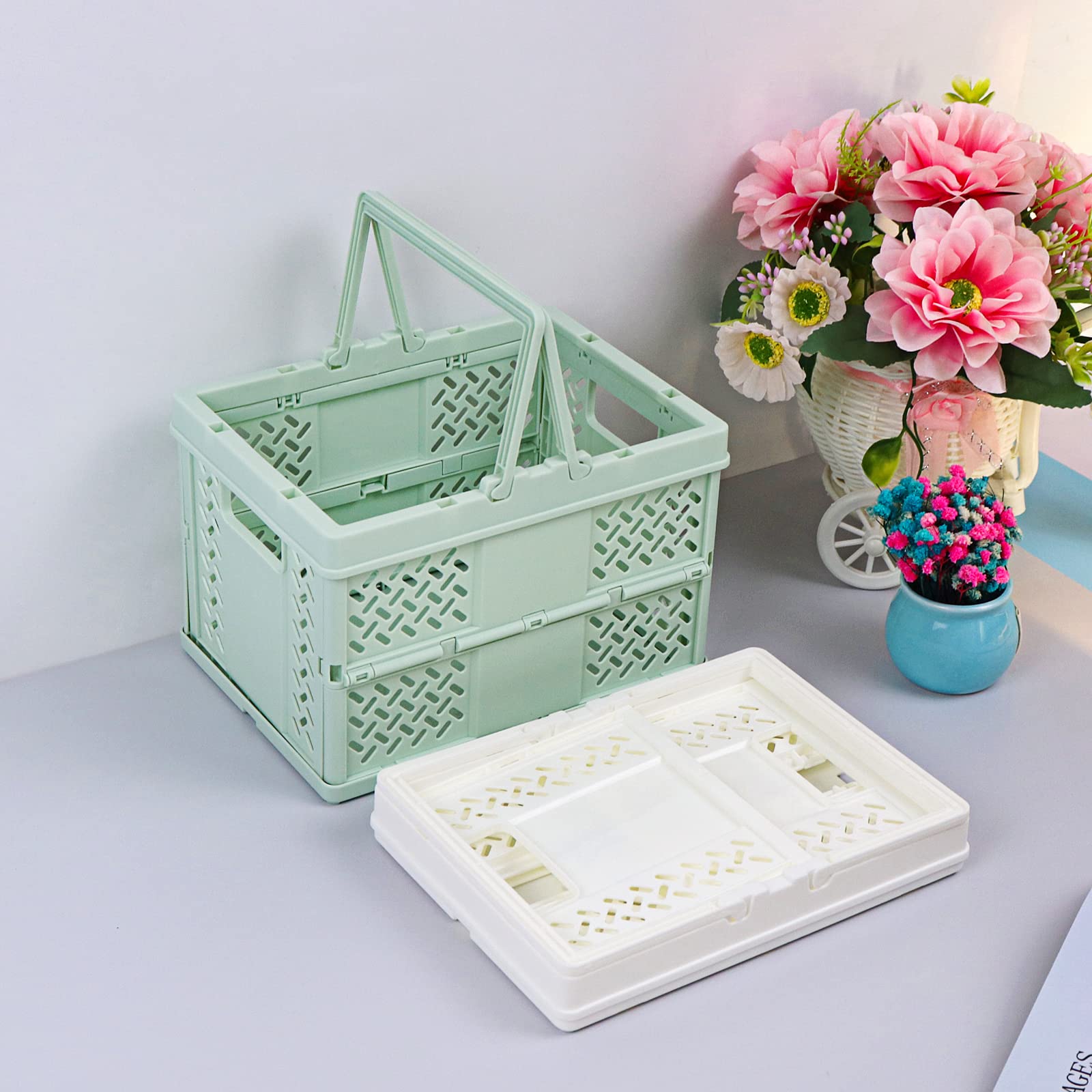 Klyuqoz Pastel Crates for Storage, Cute Crates Pack of 2, Collapsible Crate, Shopping Basket with Handle, Folding for Home Kitchen Office. Size (7.5 x 5.3 x 4.9 in), Green, White