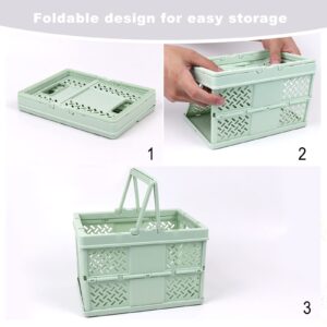 Klyuqoz Pastel Crates for Storage, Cute Crates Pack of 2, Collapsible Crate, Shopping Basket with Handle, Folding for Home Kitchen Office. Size (7.5 x 5.3 x 4.9 in), Green, White