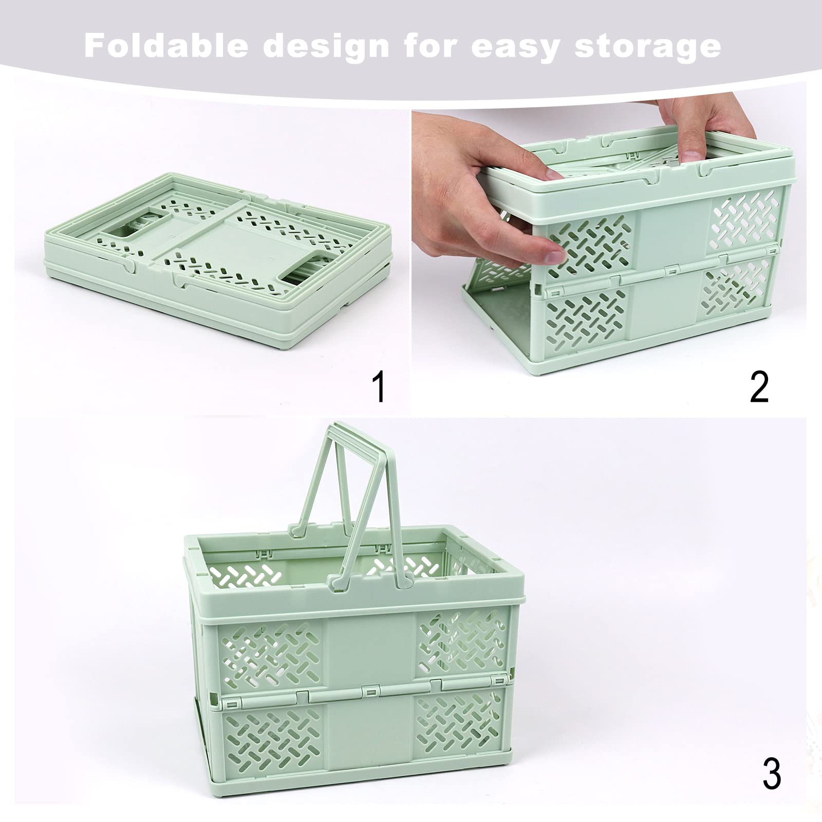 Klyuqoz Pastel Crates for Storage, Cute Crates Pack of 2, Collapsible Crate, Shopping Basket with Handle, Folding for Home Kitchen Office. Size (7.5 x 5.3 x 4.9 in), Green, White