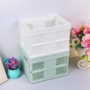 Klyuqoz Pastel Crates for Storage, Cute Crates Pack of 2, Collapsible Crate, Shopping Basket with Handle, Folding for Home Kitchen Office. Size (7.5 x 5.3 x 4.9 in), Green, White