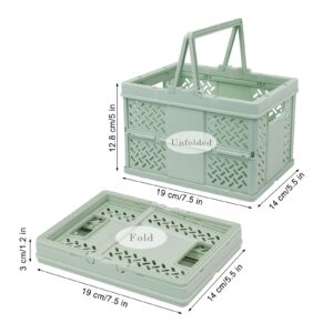 Klyuqoz Pastel Crates for Storage, Cute Crates Pack of 2, Collapsible Crate, Shopping Basket with Handle, Folding for Home Kitchen Office. Size (7.5 x 5.3 x 4.9 in), Green, White