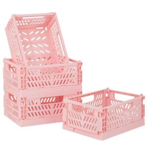 4-pack pink plastic storage crate small baskets for organizing collapsible storage crates for desk organizers,stackable cute storage bins for classroom,office,bathroom 5.9"x 3.9" x 2.3"