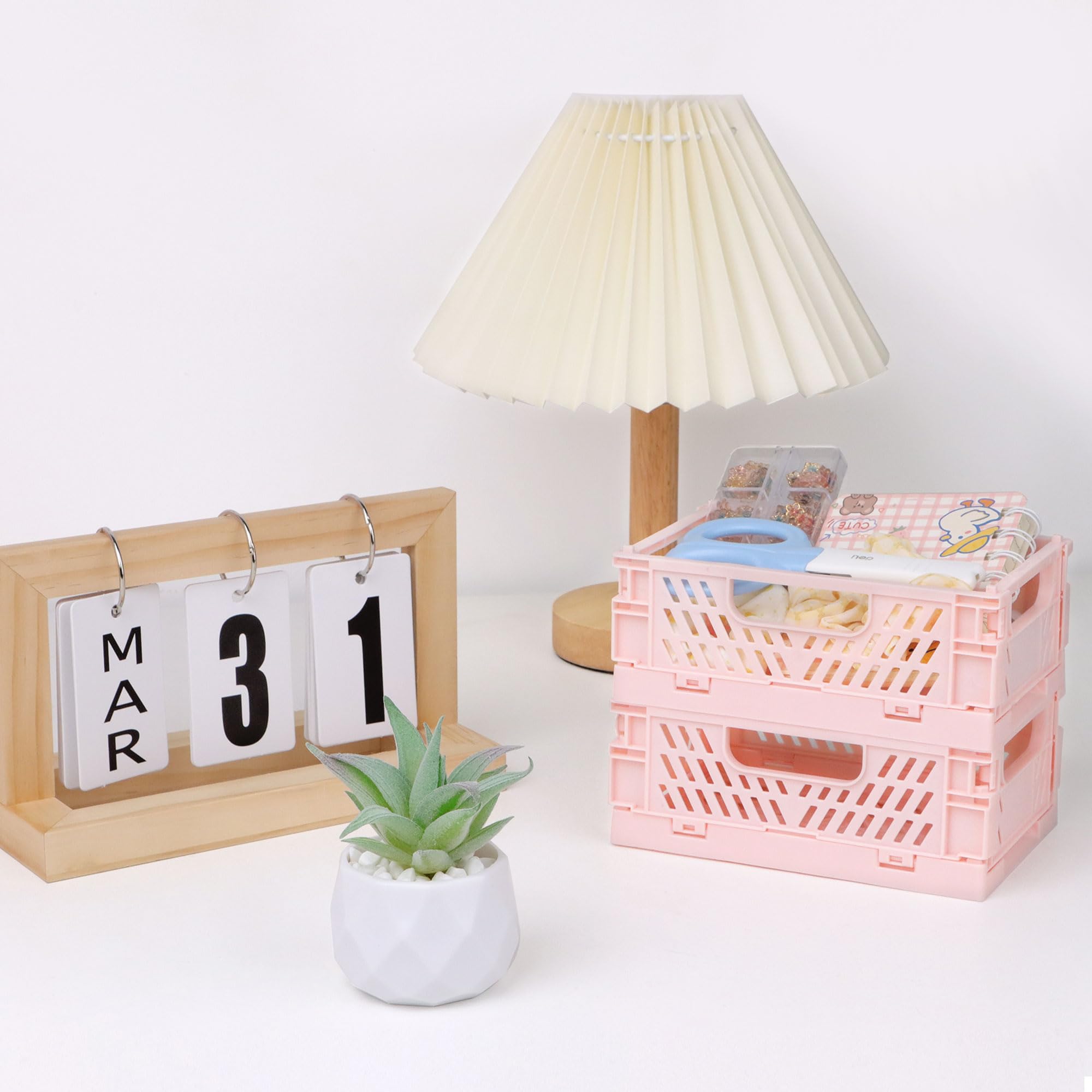 4-Pack Pink Plastic Storage Crate Small Baskets for Organizing Collapsible Storage Crates for Desk Organizers,Stackable Cute Storage Bins for Classroom,Office,Bathroom 5.9"x 3.9" x 2.3"