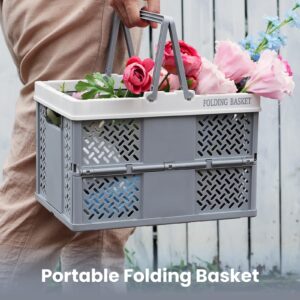 TRZZ 2-Pack Plastic Storage Baskets with Handles, Collapsible Hanging Basket for Organizing, Pastel Storage Crates for Car, Kitchen, Office, Bathroom, and Picnic Organizing, White+Mocha. (12.2" 9"