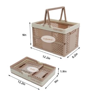 TRZZ 2-Pack Plastic Storage Baskets with Handles, Collapsible Hanging Basket for Organizing, Pastel Storage Crates for Car, Kitchen, Office, Bathroom, and Picnic Organizing, White+Mocha. (12.2" 9"