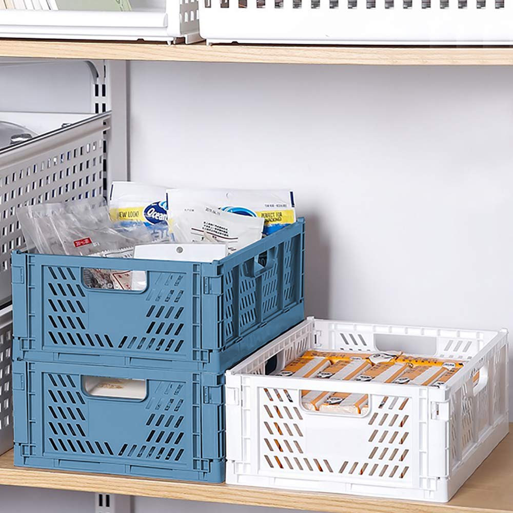 2 Blue 2 white Plastic Storage Basket Folding Storage Boxe Crate Drawer Organizer Stackable Shelf Basket Collapsible Closet Container Food Fruit Bottle Book Organiser for Home Office Kitchen Basket