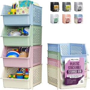 Skywin TidyFriend Stackable Storage Bins for Pantry - 4-Pack Stackable Bins For Organizing Food, Kitchen, and Bathroom Essentials (Multicolor)