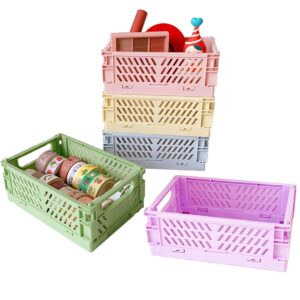 5-pack mini pastel crates,plastic folding stacking baskets,for storage organizing, durable reliable storage crate, for kitchen,classroom,office,bathroom storage (blue, yellow, pink, green, purple)