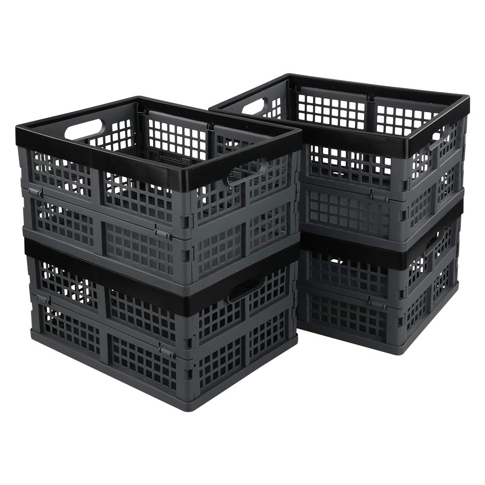 Hommp 4-Pack 15 L Plastic Collapsible Storage Crates, Stackable Storage Folding Crates