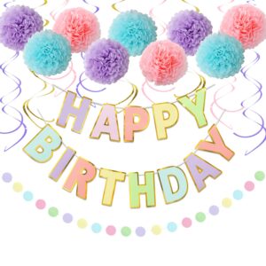 litaus macaron birthday decorations - pack of 20 | happy birthday banner, tissue paper, swirls, garland | birthday decorations for women | birthday party decorations | happy birthday decorations